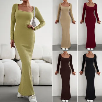 Женское сексуальное платье INS Осень 2023, Приталенный квадратный вырез, длинные рукава, сексуальное платье
