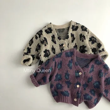 Детский свитер, кардиган для мальчика, осень-зима, леопардовый кардиган с V-образным вырезом для девочки, пальто, куртка, Вязаный детский джемпер, свитера для малышей