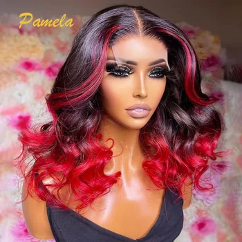 Бразильское омбре, объемная волна красноватого цвета, 13х4 Прозрачных кружева спереди, бесклеевой парик из человеческих волос, готовый к использованию для женщин
