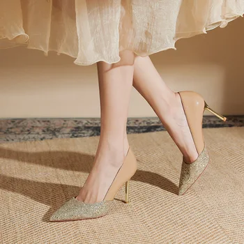 Женские свадебные туфли Телесного цвета с острым Носком на высоком тонком Каблуке, Пикантные женские Осенние туфли J-Z32