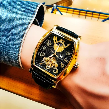 Автоматические часы AOKULASIC, мужские Механические часы с полым резным турбийоном, лидирующий бренд, мужские водонепроницаемые Роскошные Овальные часы с фазой Луны
