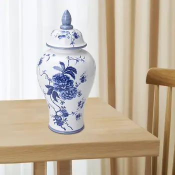 Бело-голубая керамическая ваза, покрытая тонкой глазурью, с крышкой, китайская ваза в виде храмового кувшина для вечеринки, офиса, гостиной
