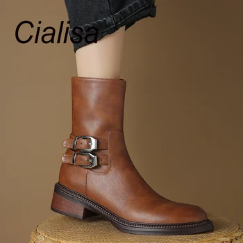 Cialisa, осенне-зимние Короткие ботинки для женщин, модная обувь из натуральной кожи на молнии с круглым носком и пряжкой ремня, Ботильоны на среднем каблуке коричневого цвета