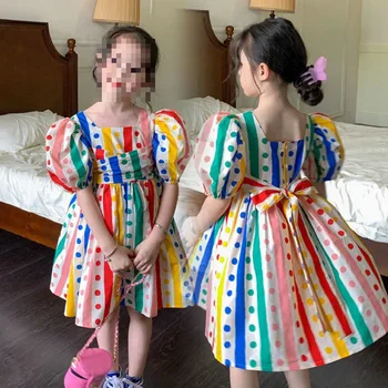 Летняя мода Для маленьких девочек, цирковые Цветные полосы, точки, пышные рукава, платье с галстуком-бабочкой, Милые наряды для детей, милая юбка для детей 2-8 лет