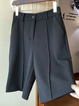 Женские летние шорты черного цвета, Новые Тонкие Свободные Капри с высокой талией