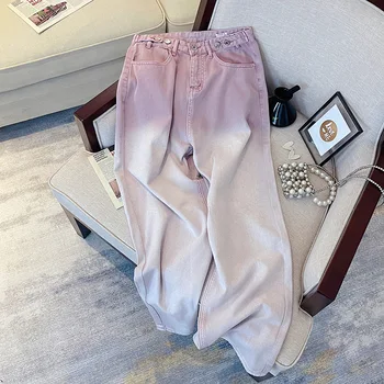Фиолетовые градиентные джинсы, осенние Новые Женские джинсовые брюки с высокой талией и широкими штанинами, Корейские Женские Свободные брюки, уличная одежда