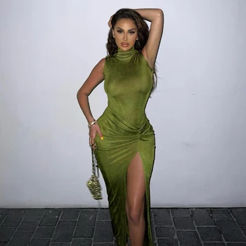 Женское вечернее зеленое платье с разрезом без рукавов для вечеринки в клубе, летняя деловая одежда 2022 года