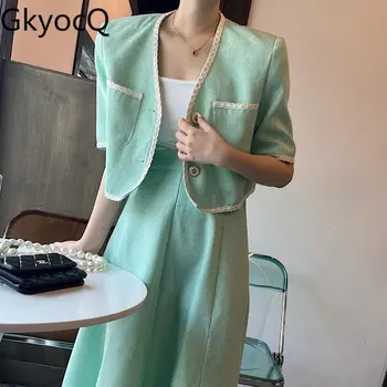 GkyocQ Корейские шикарные комплекты из 2 предметов, женская одежда, прямая куртка с коротким рукавом и длинная юбка трапециевидной формы с завышенной талией, комплекты модной одежды