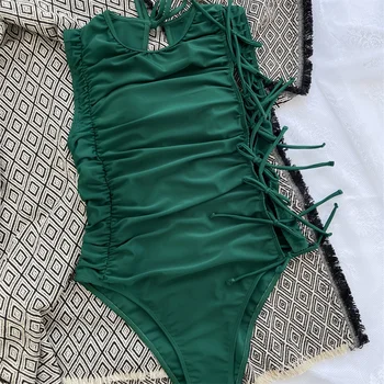 Ретро зеленое бикини Плиссированный купальник с рюшами и ремешками, купальники на шнуровке, монокини с вырезами, Элегантная женская пляжная одежда, бикини, комплект для купания