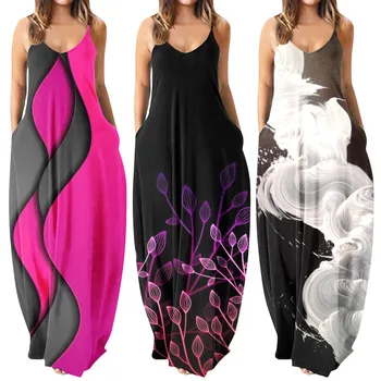 Женское летнее повседневное модное простое длинное платье с глубоким вырезом и красочным принтом в виде цветных блоков