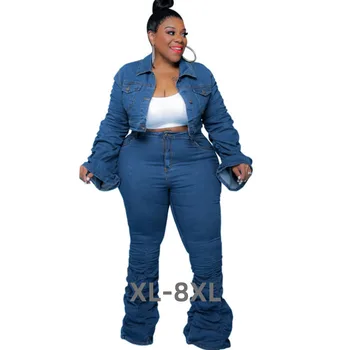 Джинсовые комплекты больших размеров, женский комплект из 2 предметов, пуховая куртка с длинным рукавом, джинсы с эластичной подкладкой, осенне-зимняя одежда всего размера 3xl 4xl 5xl 6xl
