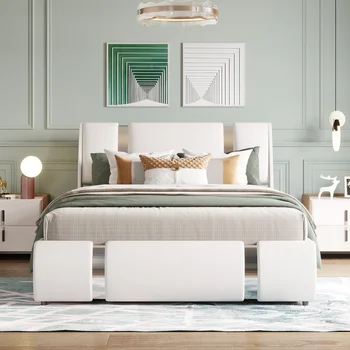 Белая полноразмерная кровать-платформа из искусственной кожи с гидравлической системой хранения, для мебели для спальни в помещении