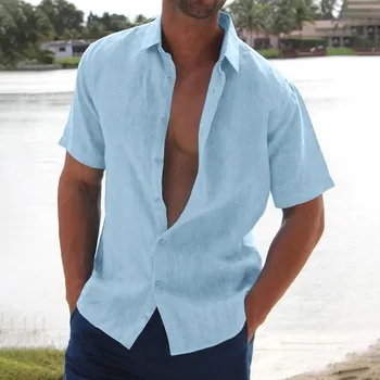 Уличная мода 2023 года, летняя мужская хлопчатобумажная льняная рубашка с отворотом, Повседневная мужская одежда с короткими рукавами