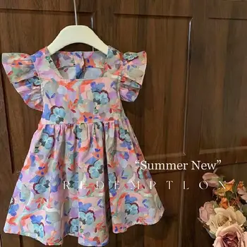 Летние платья для девочек с цветочным принтом, хлопковая повседневная детская одежда трапециевидной формы