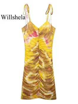 Willshela Женское модное мини-платье с принтом из тюля, плиссированное, без спинки, Винтажное, на тонких бретелях, с V-образным вырезом, Женские шикарные платья для леди