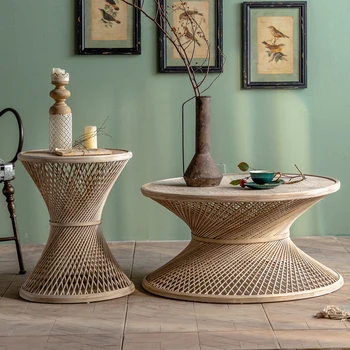 Круглый чайный столик из бамбука и ротанга в гостиной, Бесшумная мебель из ротанга в семье, Японский чайный столик, Роскошный журнальный столик
