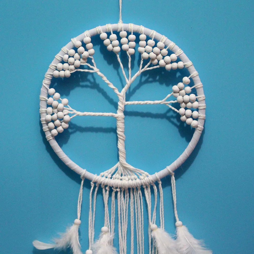 Украшение из перьев Ветряные колокольчики Декор стен Ловец снов Белое дерево Изображение 2