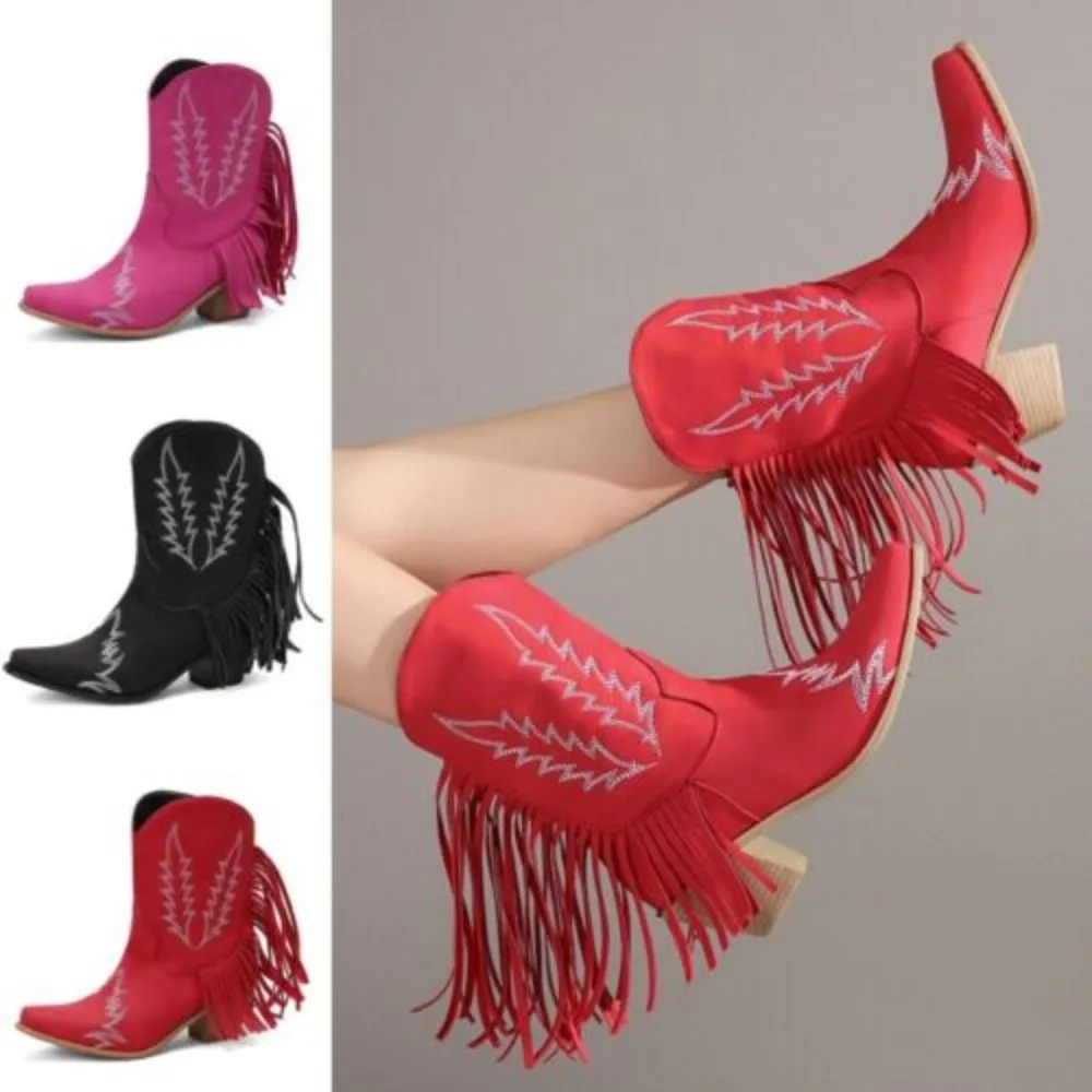 Женские короткие ковбойские ботинки на среднем каблуке, модные ботинки в западном стиле с острым носком и кисточками Изображение 0