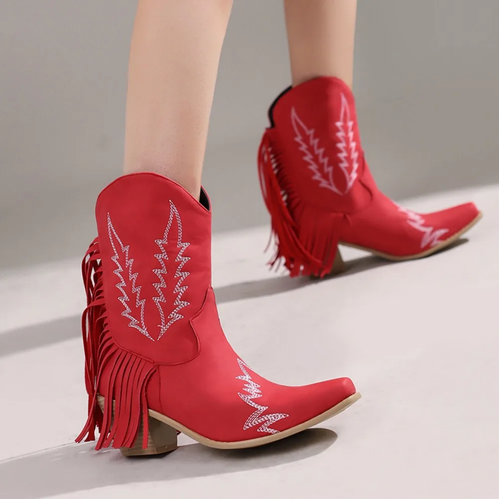 Женские короткие ковбойские ботинки на среднем каблуке, модные ботинки в западном стиле с острым носком и кисточками Изображение 2