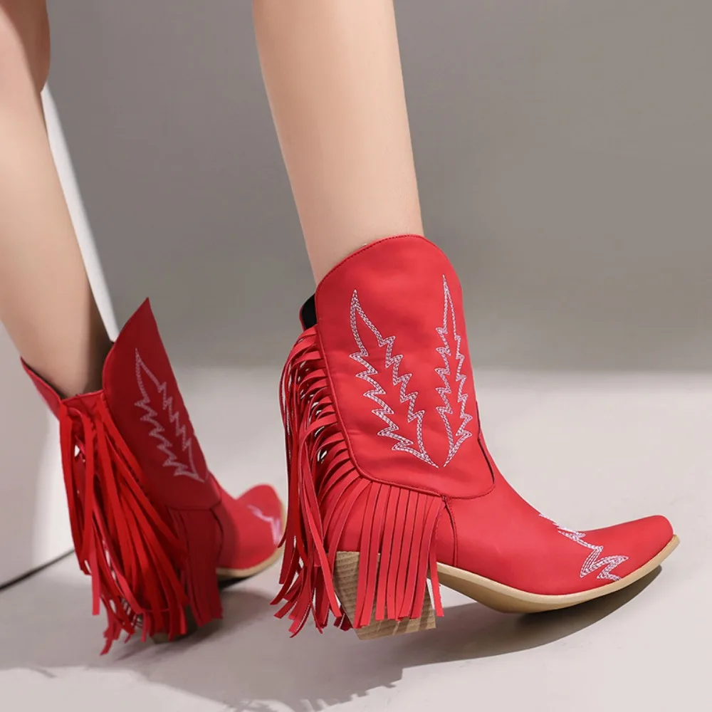 Женские короткие ковбойские ботинки на среднем каблуке, модные ботинки в западном стиле с острым носком и кисточками Изображение 4