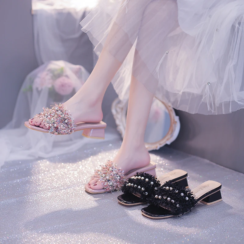 Женские босоножки 2023, Новые Модные женские шлепанцы на квадратном каблуке с жемчугом, Летняя обувь, повседневные роскошные женские сандалии Zapatos Mujer Изображение 5