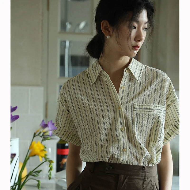 EBAIHUI, Винтажные блузки в полоску, Женские шикарные рубашки с коротким рукавом, Повседневные эстетичные топы в стиле ретро 90-х, плиссированные топы в японском стиле Изображение 0