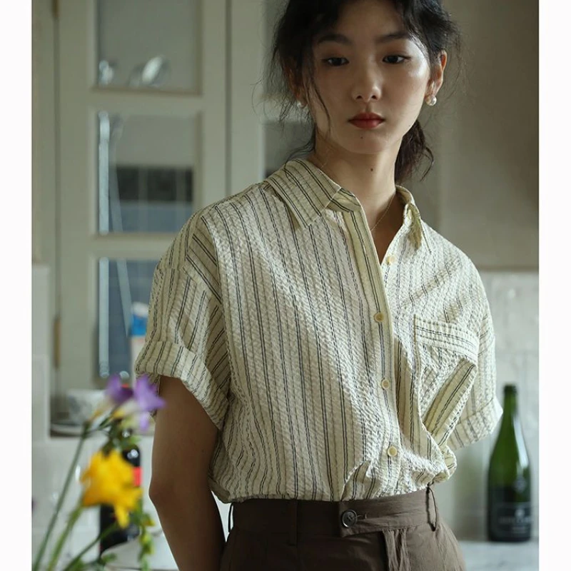 EBAIHUI, Винтажные блузки в полоску, Женские шикарные рубашки с коротким рукавом, Повседневные эстетичные топы в стиле ретро 90-х, плиссированные топы в японском стиле Изображение 1