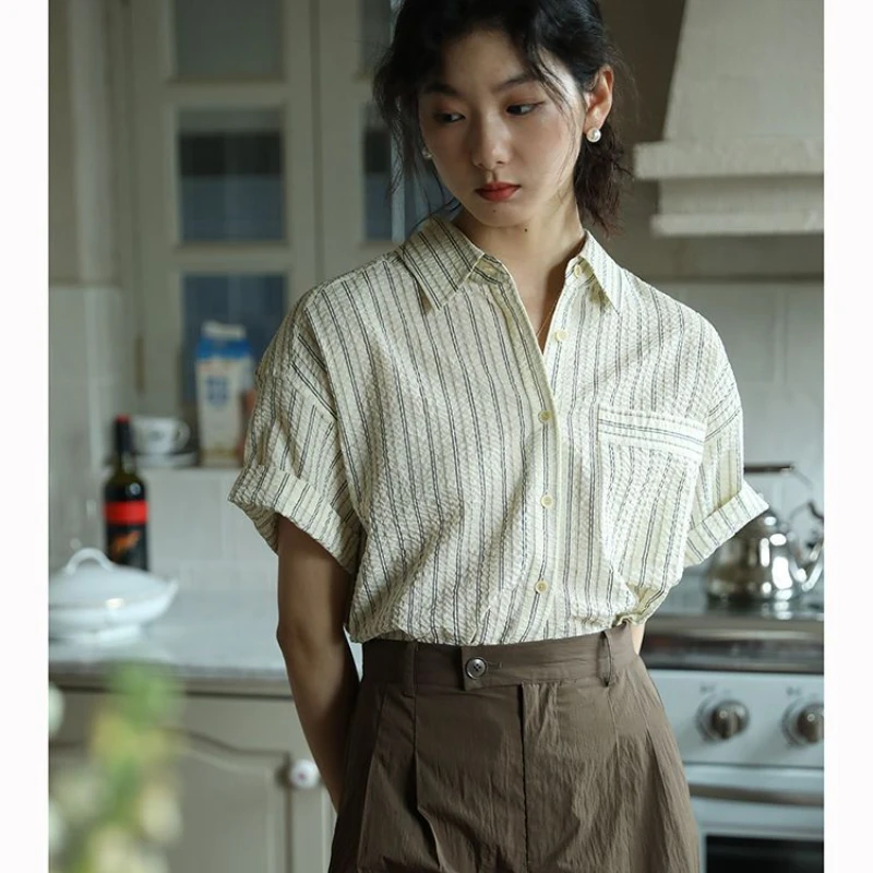 EBAIHUI, Винтажные блузки в полоску, Женские шикарные рубашки с коротким рукавом, Повседневные эстетичные топы в стиле ретро 90-х, плиссированные топы в японском стиле Изображение 2