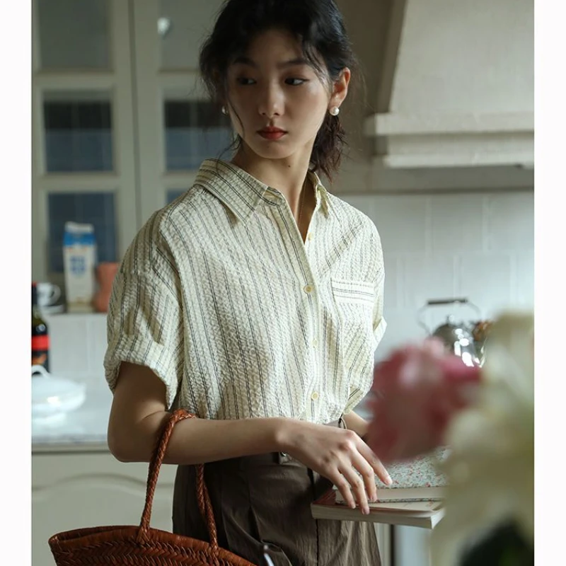 EBAIHUI, Винтажные блузки в полоску, Женские шикарные рубашки с коротким рукавом, Повседневные эстетичные топы в стиле ретро 90-х, плиссированные топы в японском стиле Изображение 3