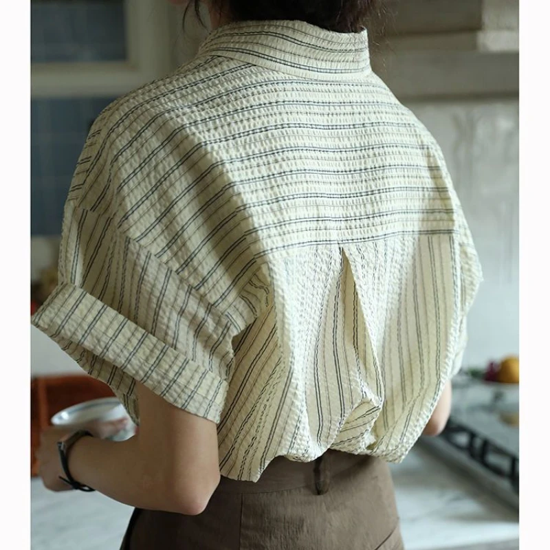 EBAIHUI, Винтажные блузки в полоску, Женские шикарные рубашки с коротким рукавом, Повседневные эстетичные топы в стиле ретро 90-х, плиссированные топы в японском стиле Изображение 5