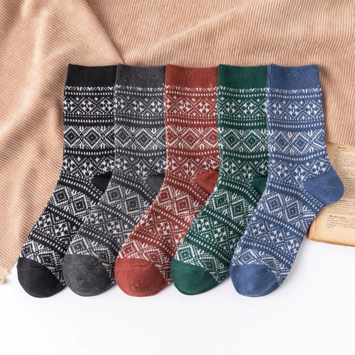 5 пар новых осенних и зимних повседневных носков с двойной иглой и бриллиантами, утепленных теплых шерстяных носков в этническом стиле Изображение 0
