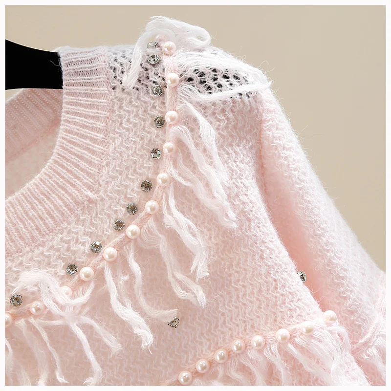 Пуловер с круглым вырезом и кисточками с крупными бриллиантами, женский сладкий и свободный пуловер, вязаный топ, Элегантные женские свитера Изображение 4