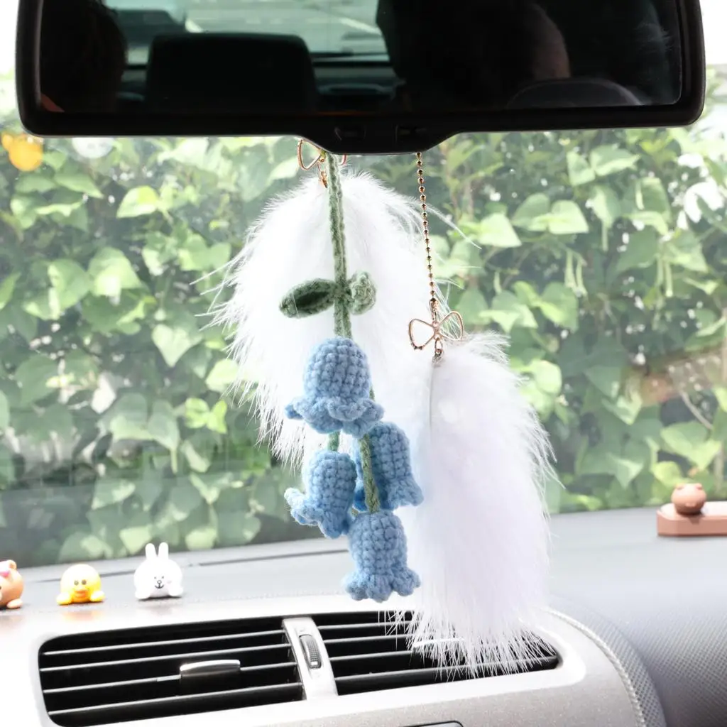 Симпатичная вязаная сумка с подвеской в виде цветка-колокольчика, брелки для ключей для автомобильного зеркала заднего вида, подвесное украшение для автомобиля, брелок для ключей-шарма Изображение 1