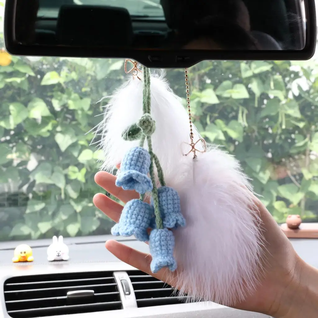 Симпатичная вязаная сумка с подвеской в виде цветка-колокольчика, брелки для ключей для автомобильного зеркала заднего вида, подвесное украшение для автомобиля, брелок для ключей-шарма Изображение 3