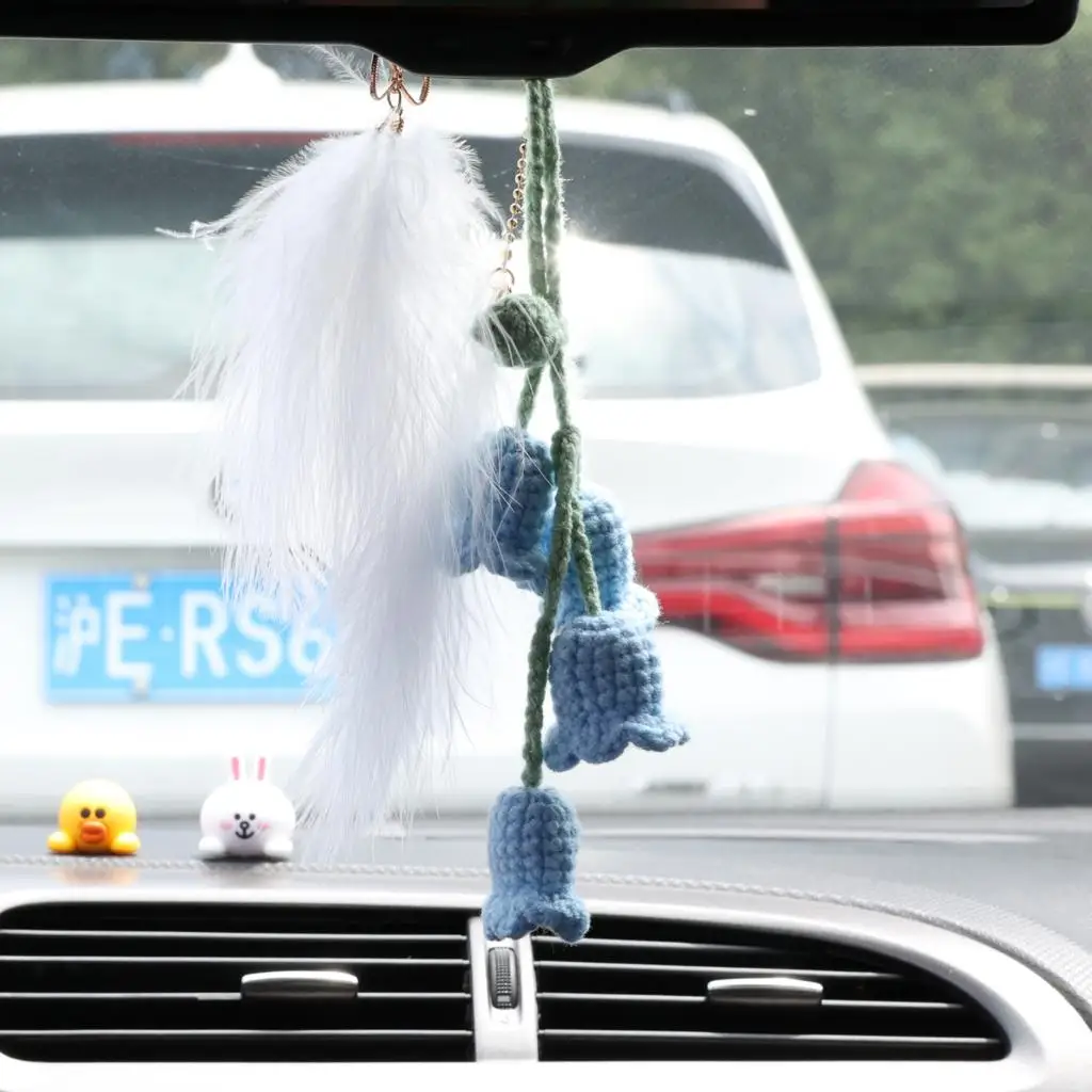 Симпатичная вязаная сумка с подвеской в виде цветка-колокольчика, брелки для ключей для автомобильного зеркала заднего вида, подвесное украшение для автомобиля, брелок для ключей-шарма Изображение 5