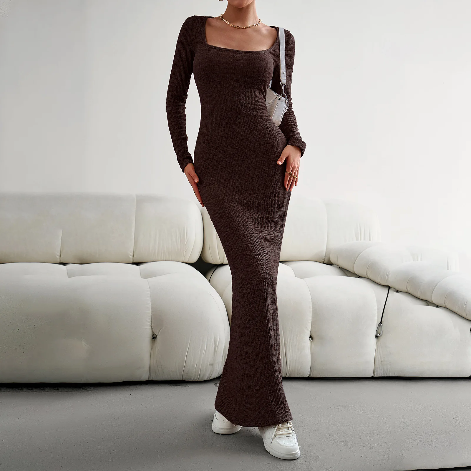 Женское сексуальное платье INS Осень 2023, Приталенный квадратный вырез, длинные рукава, сексуальное платье Изображение 3