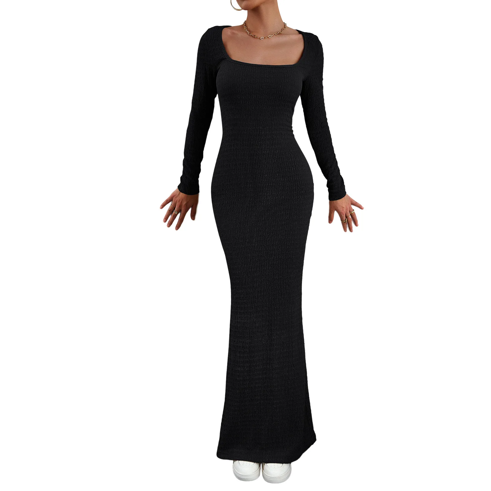Женское сексуальное платье INS Осень 2023, Приталенный квадратный вырез, длинные рукава, сексуальное платье Изображение 4