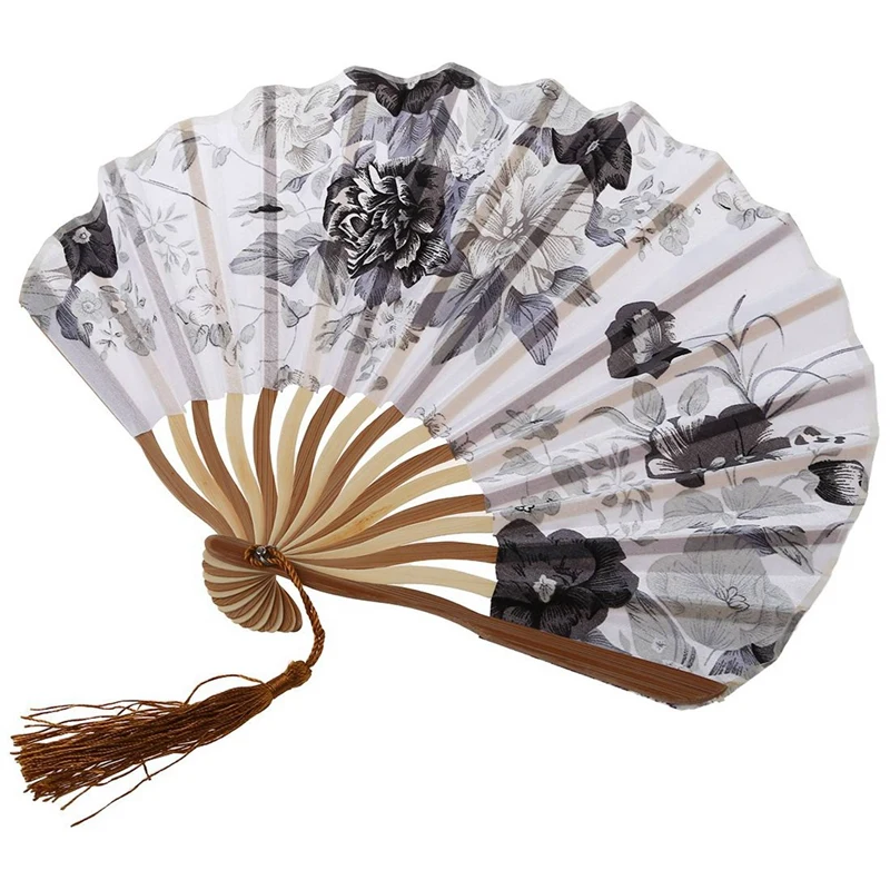 3X Китайский серый пион, ткань, бамбуковый складной веер для танцев, белый Изображение 2