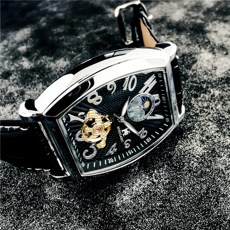 Автоматические часы AOKULASIC, мужские Механические часы с полым резным турбийоном, лидирующий бренд, мужские водонепроницаемые Роскошные Овальные часы с фазой Луны Изображение 4