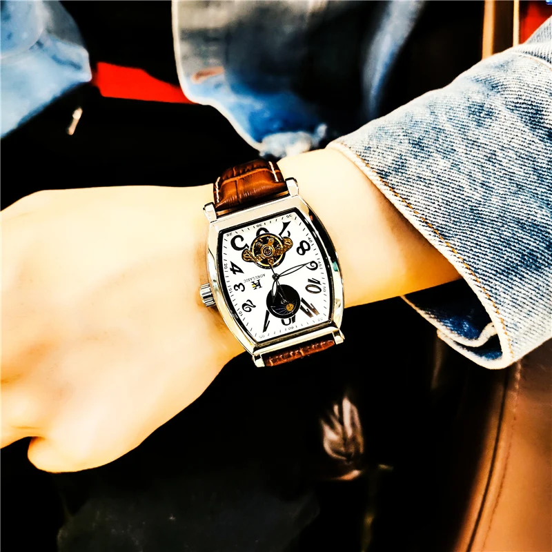 Автоматические часы AOKULASIC, мужские Механические часы с полым резным турбийоном, лидирующий бренд, мужские водонепроницаемые Роскошные Овальные часы с фазой Луны Изображение 5