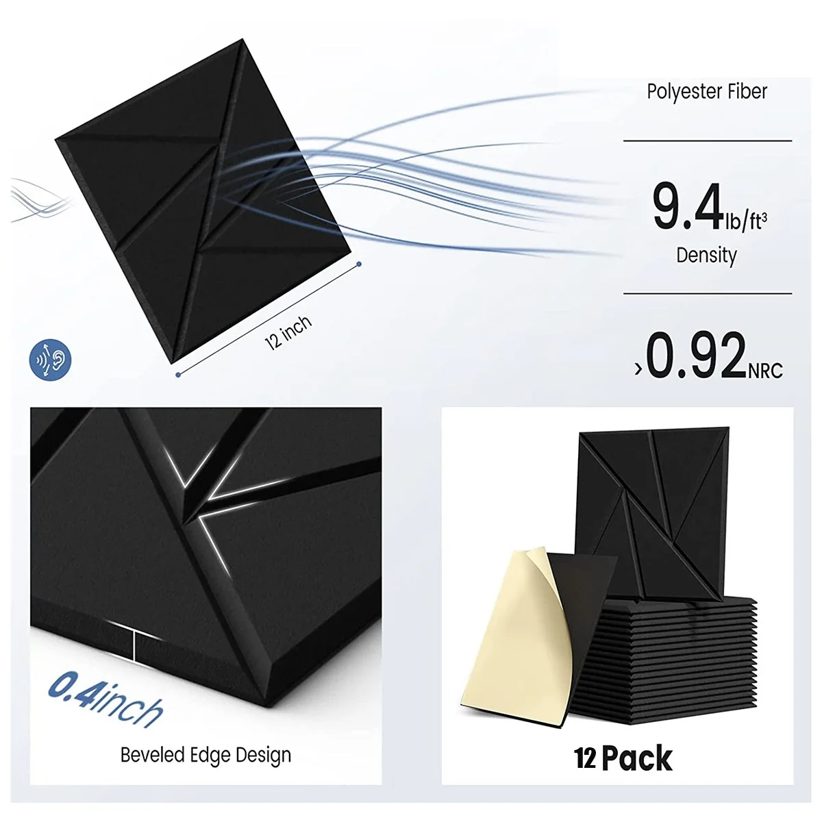 12 Упаковок акустических панелей с самоклеющимися, 12X12X0, 4-дюймовыми звукоизоляционными пенопластовыми панелями, звуковые панели высокой плотности, черные Изображение 1