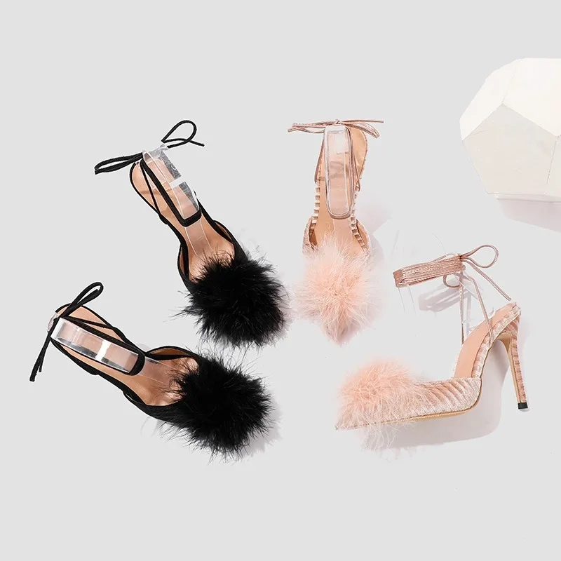 Босоножки на шпильке с перекрестным ремешком и острым носком, замшевые туфли-лодочки из плюшевого материала, женские Сексуальные меховые сандалии на высоком каблуке Mujer Verano Изображение 0