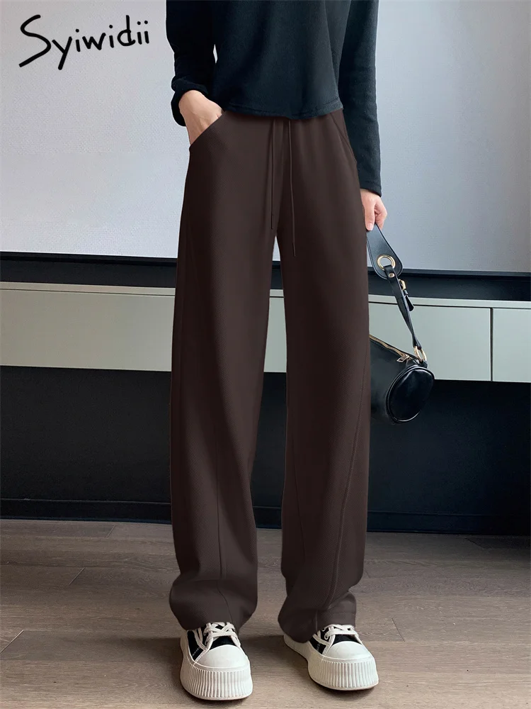Женские спортивные брюки Syiwidii на шнурке, осень 2023, новые модные повседневные Свободные Широкие брюки, шикарные прямые черные брюки с высокой талией Изображение 1