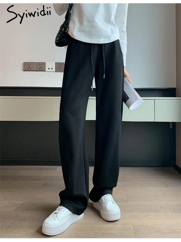 Женские спортивные брюки Syiwidii на шнурке, осень 2023, новые модные повседневные Свободные Широкие брюки, шикарные прямые черные брюки с высокой талией Изображение 5