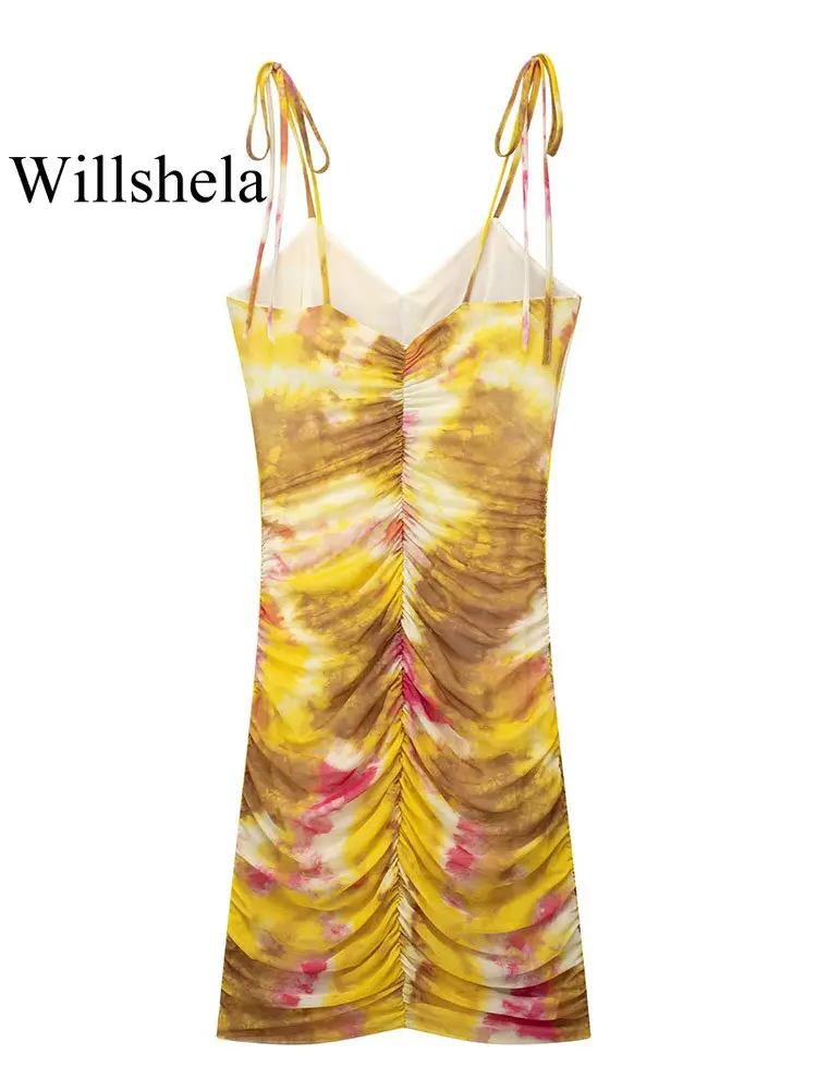 Willshela Женское модное мини-платье с принтом из тюля, плиссированное, без спинки, Винтажное, на тонких бретелях, с V-образным вырезом, Женские шикарные платья для леди Изображение 1