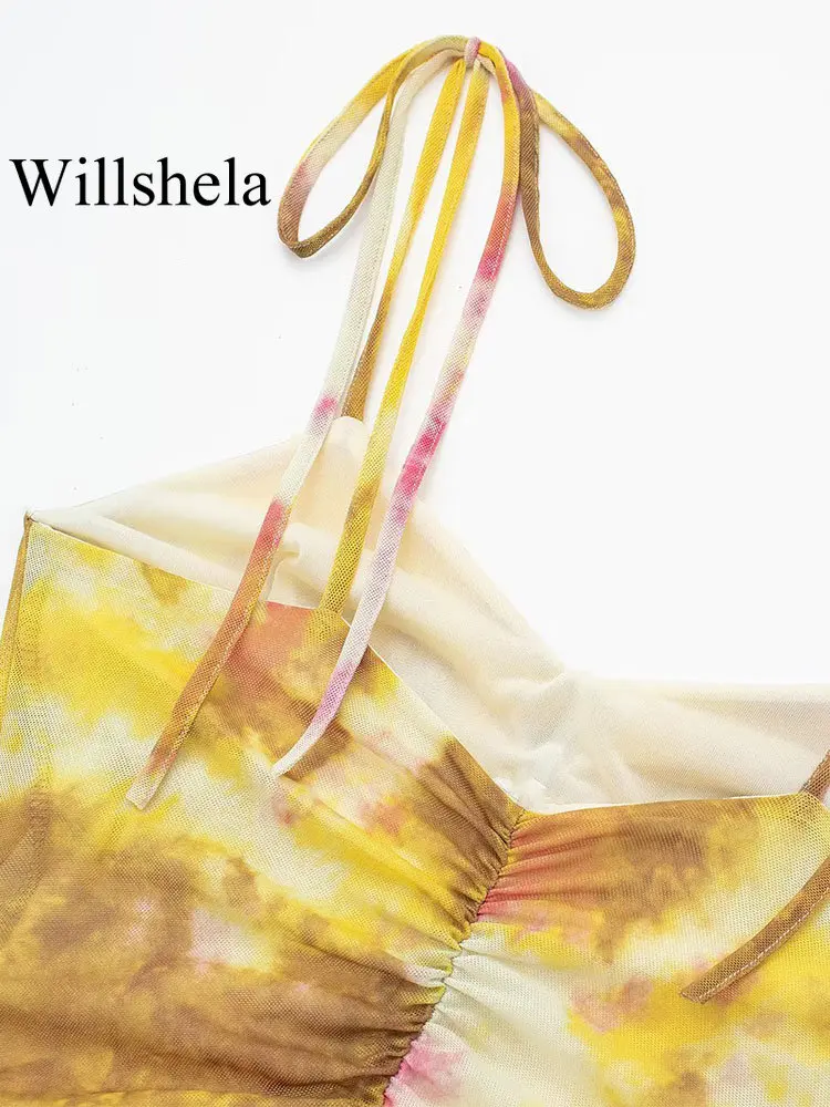 Willshela Женское модное мини-платье с принтом из тюля, плиссированное, без спинки, Винтажное, на тонких бретелях, с V-образным вырезом, Женские шикарные платья для леди Изображение 2
