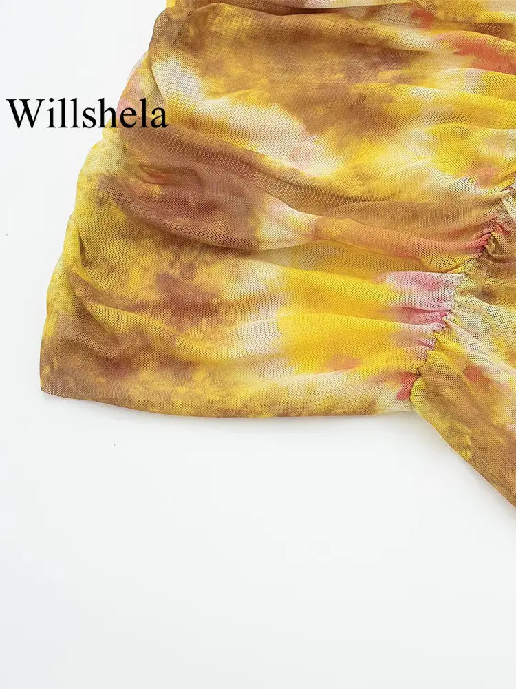 Willshela Женское модное мини-платье с принтом из тюля, плиссированное, без спинки, Винтажное, на тонких бретелях, с V-образным вырезом, Женские шикарные платья для леди Изображение 3