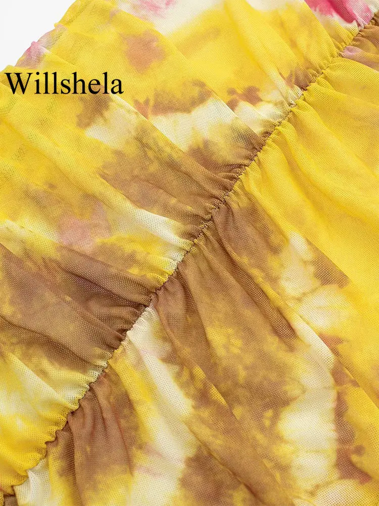 Willshela Женское модное мини-платье с принтом из тюля, плиссированное, без спинки, Винтажное, на тонких бретелях, с V-образным вырезом, Женские шикарные платья для леди Изображение 5